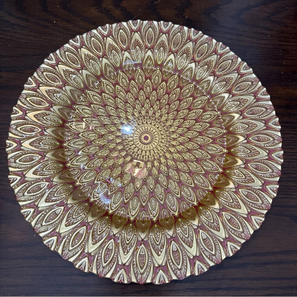 Vietri Peacock Feather Gold Platter Charger Dish Plate NWT